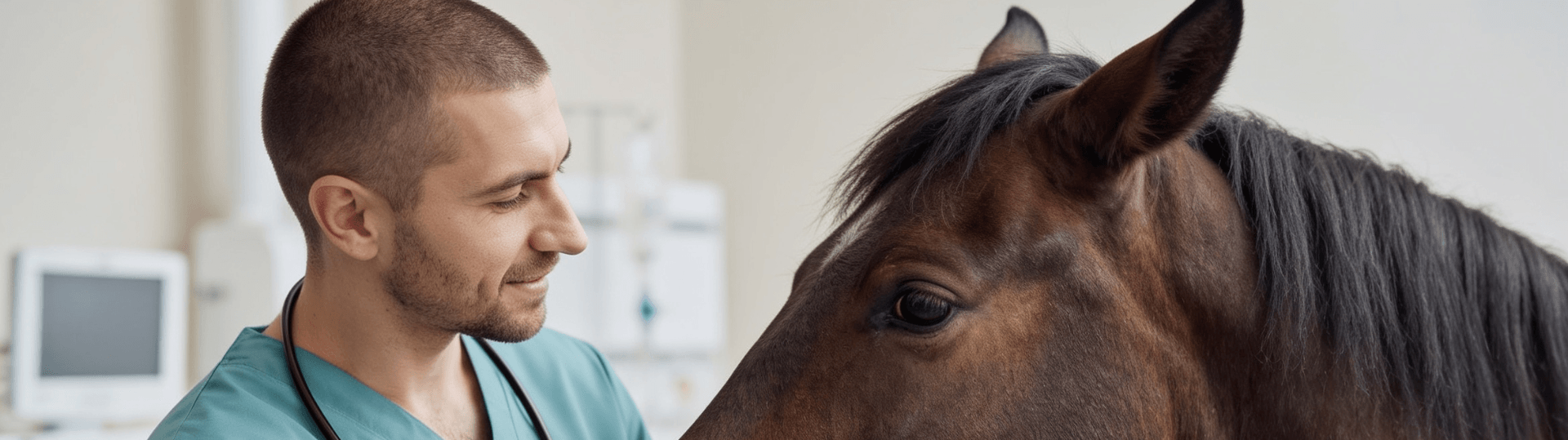 Gro&szlig;tierarzt untersucht Pferd im Stall