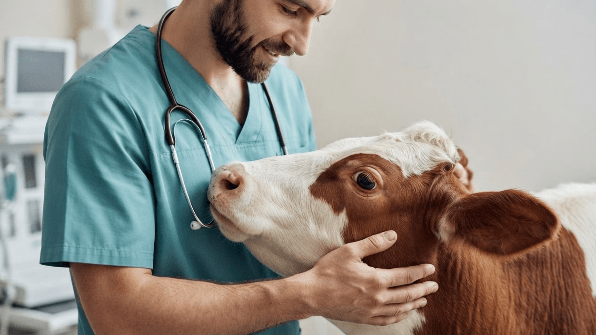 Tierarzt streichelt Kalb in der Praxis